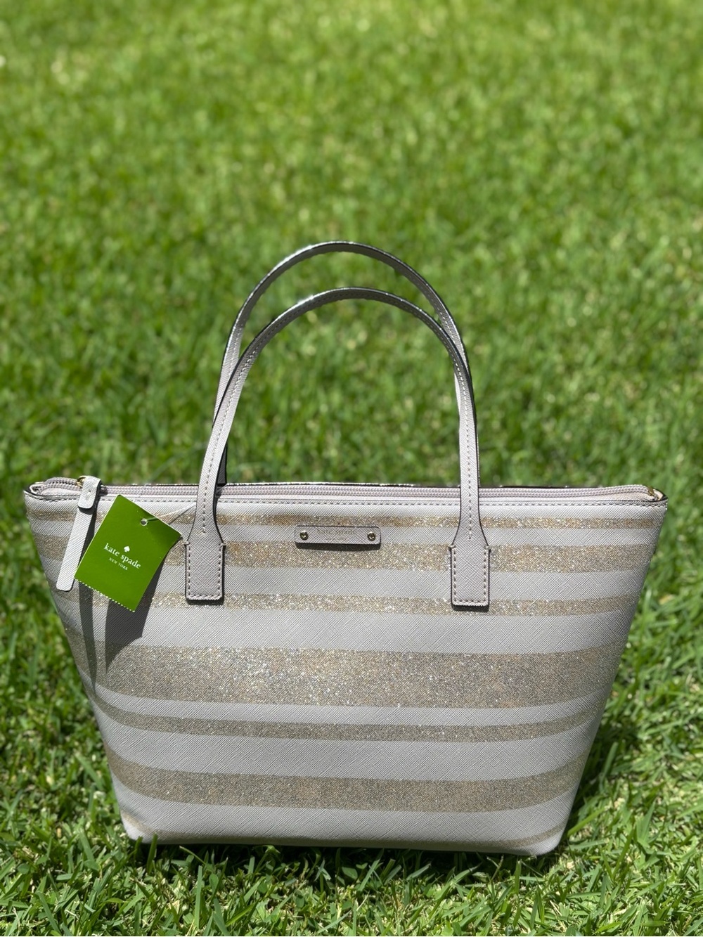 kate spade Striped Metallic Tote in Silver and Gold